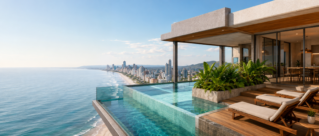 Empreendimento ENGFER — arquitetura contemporânea com piscina e vista para o mar